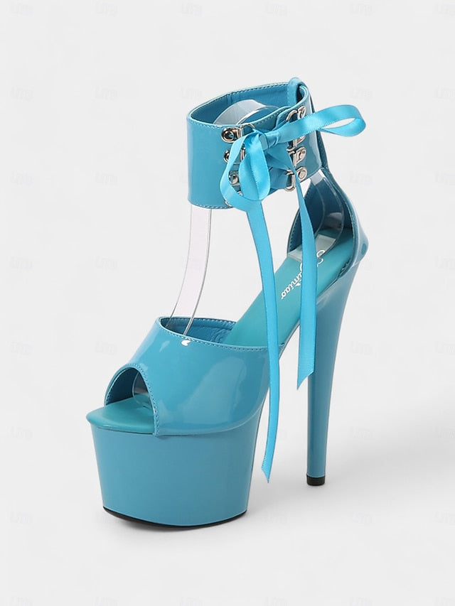 Black Patent with Platform Sandals Leather Ankle Straps Lace-Up