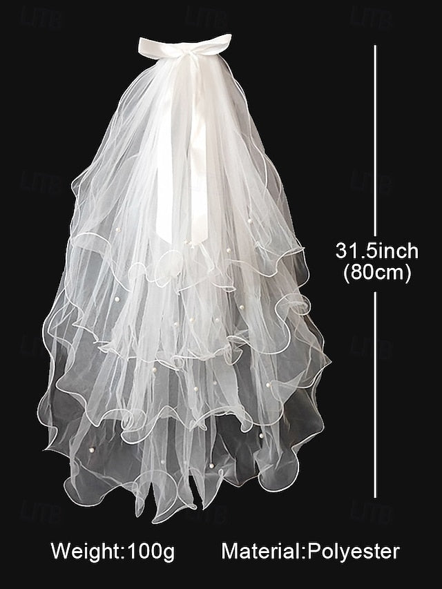 Ivory with - Soft Elegant Ribbon Tulle Bridal Satin and Veil