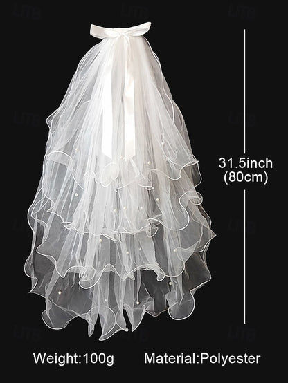 Ivory with - Soft Elegant Ribbon Tulle Bridal Satin and Veil