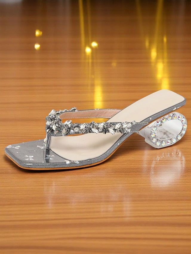 - Sandals Silver Open Heels Toe Women's Sparkly Rhinestone