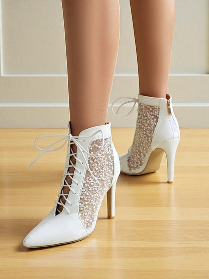 Stiletto Heels White Lace Mesh with Women's Ankle Booties