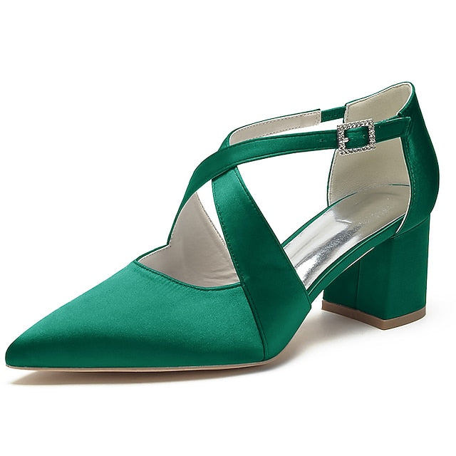 Heels Block Women's Toe White Pointed – Satin Elegant