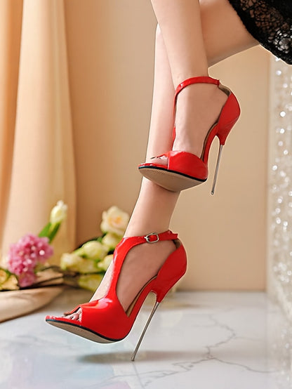Stiletto Red Women's Leather Patent Heels Open Strappy -