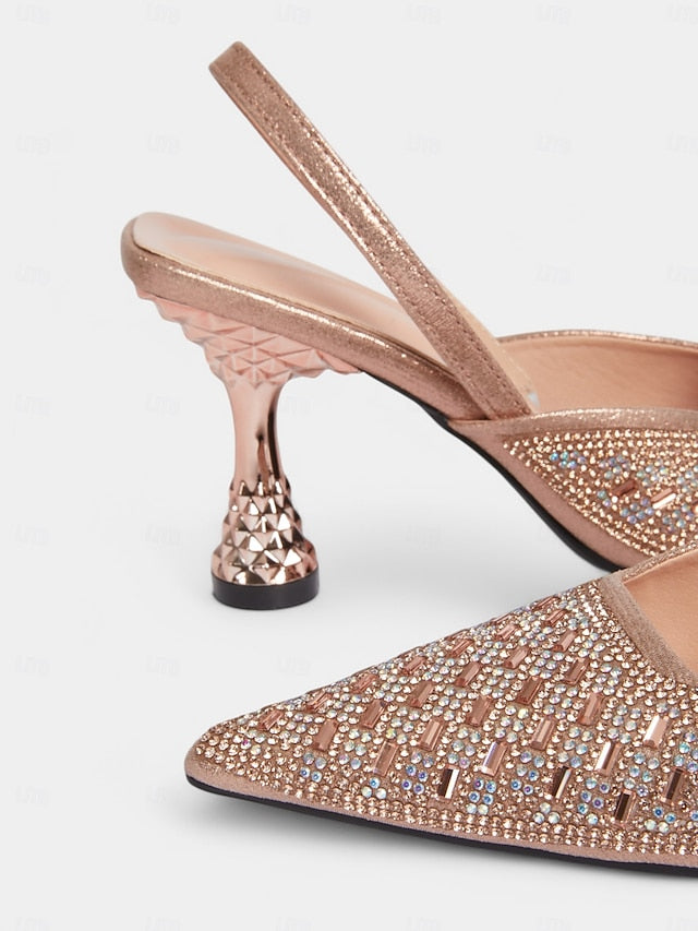 Heels Rhinestone Gold with Rose Women's Slingback Geometric