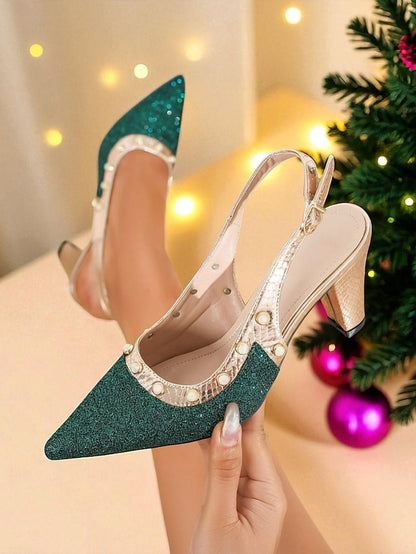 Glitter Gold Slingback with Green High Strap Heels Women's