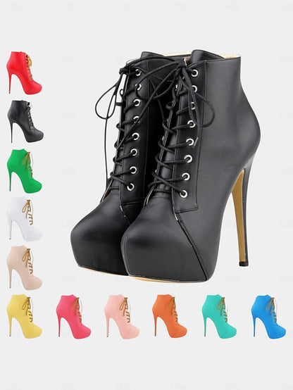 Leather Ankle Beige Platform Faux Women's - Boots Lace-Up