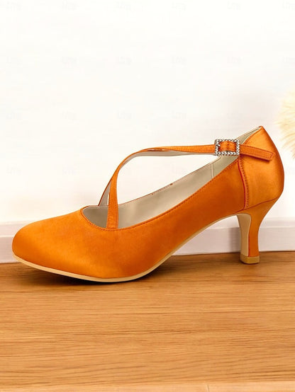 Heels – with Rhinestone Cross-Strap Satin White Elegant Buckle