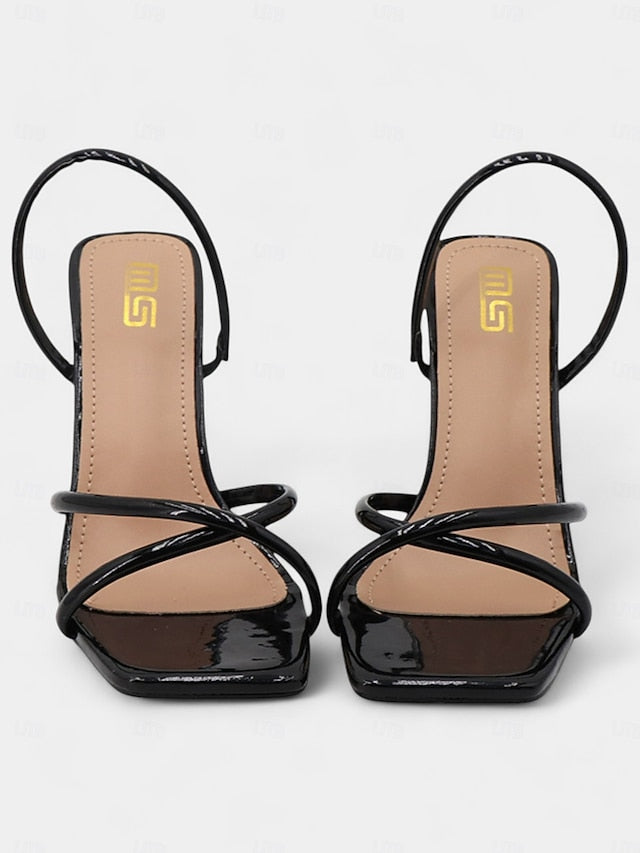 Design Strappy Sandals Square Beige Toe – Heeled with