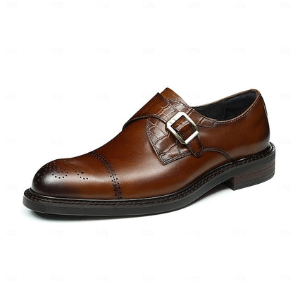 First Men's Genuine Strap Monk Black Leather Shoes-