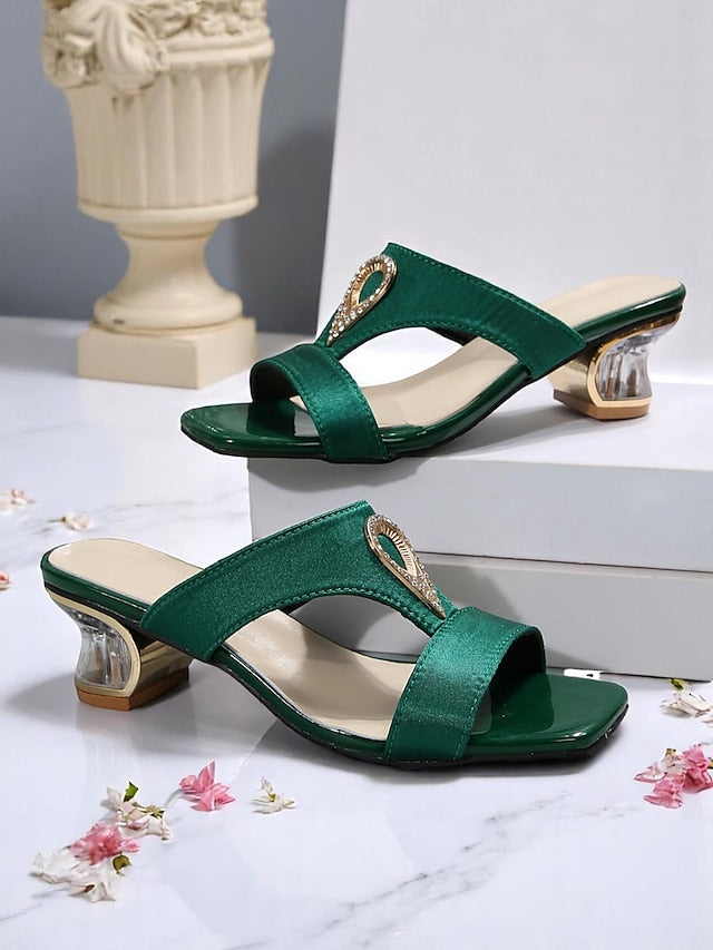 Rhinestone Green Women's Sandals Slide Satin with