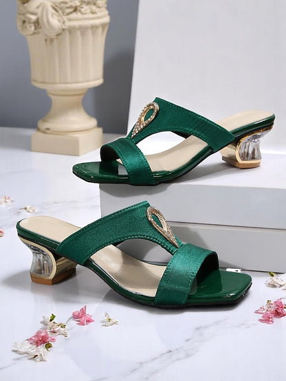 Rhinestone Green Women's Sandals Slide Satin with