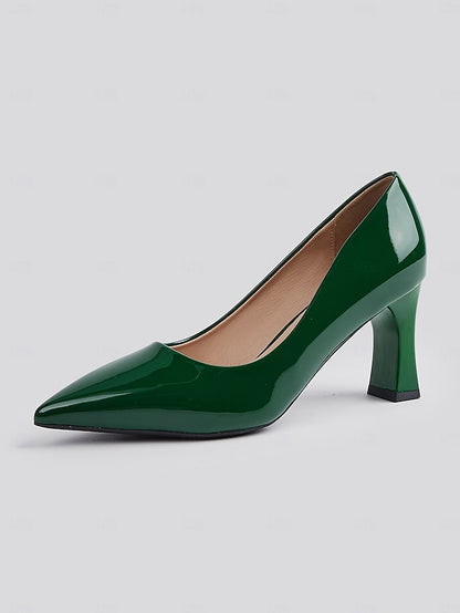 Heel Green Leather Faux Glossy Patent Pumps Pointed-Toe Block
