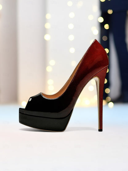 Heels Patent Peep Leather High Platform Black Women's Toe