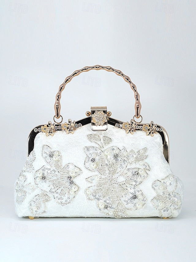 Handbag and Floral White Pearl Evening Elegant Lace with