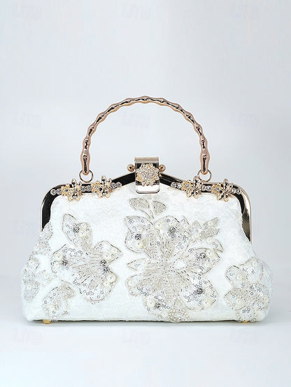 Handbag and Floral White Pearl Evening Elegant Lace with