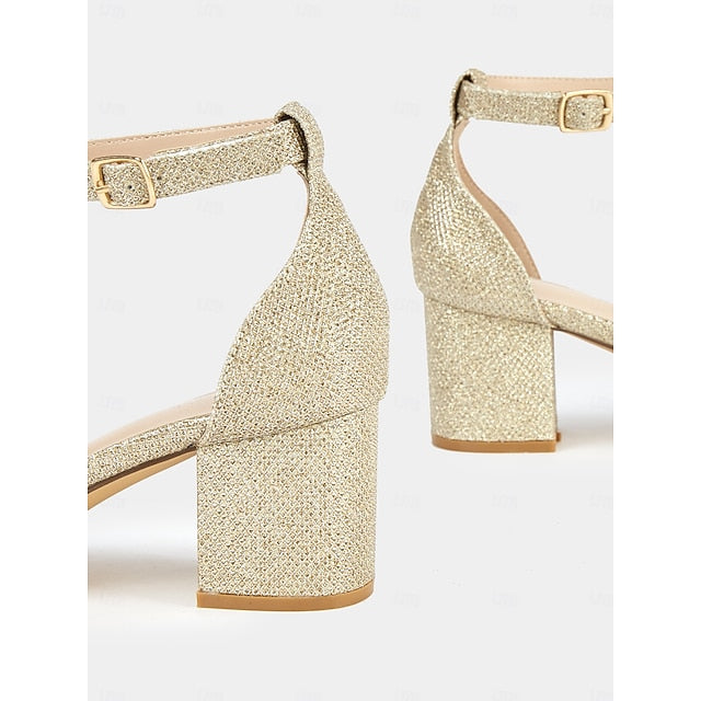 Women's Glitter Gold with Stylish Block Sandals Heel Ankle