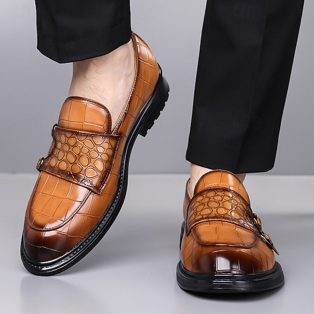 – with Crocodile Men's Brown Leather Pattern Faux Loafers
