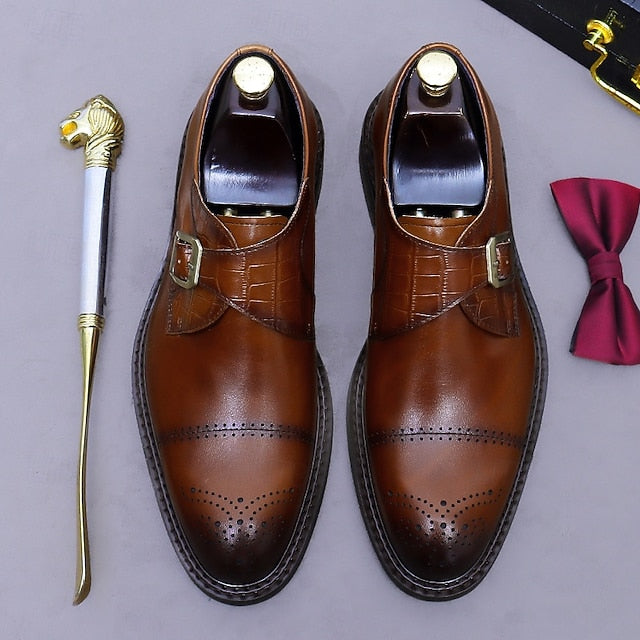 First Men's Genuine Strap Monk Black Leather Shoes-