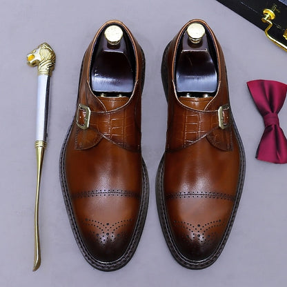 First Men's Genuine Strap Monk Black Leather Shoes-