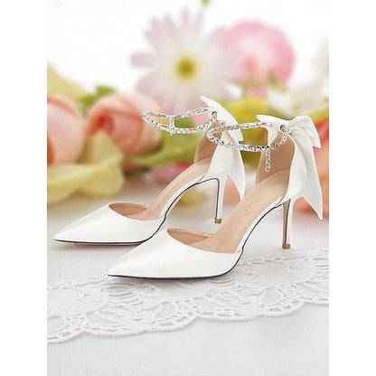 Bow Stiletto Women's Pointed Toe Ivory Heels and with Satin