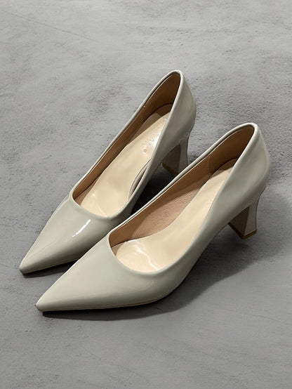 Heel Green Leather Faux Glossy Patent Pumps Pointed-Toe Block