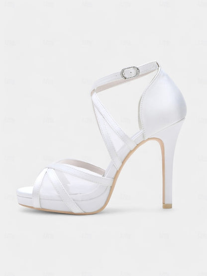 Satin High - White Heel Bridal Straps Sandals with Cross Perfect