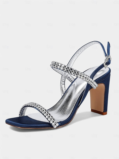 Heel Prom White Bridal – Rhinestone Sandals Women's Block