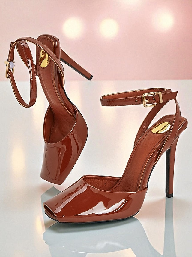 Heels Women's Peep Patent Leather Toe Green Dark High -