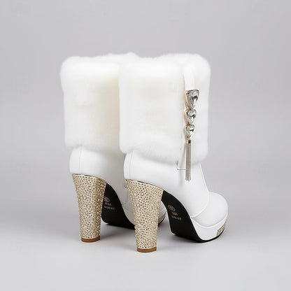 Boots Ankle Rhinestone with Women's Heels Faux - Fur White