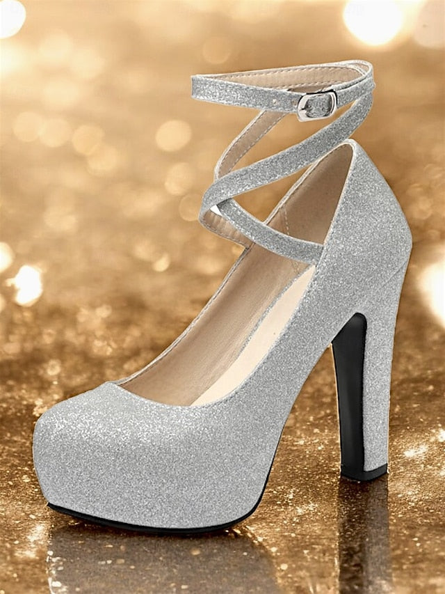 – Women's Heels Platform with Strap Pink Glitter Ankle