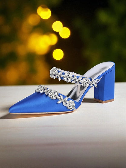 Heel Block Mules with Black Satin Floral Rhinestone Women's