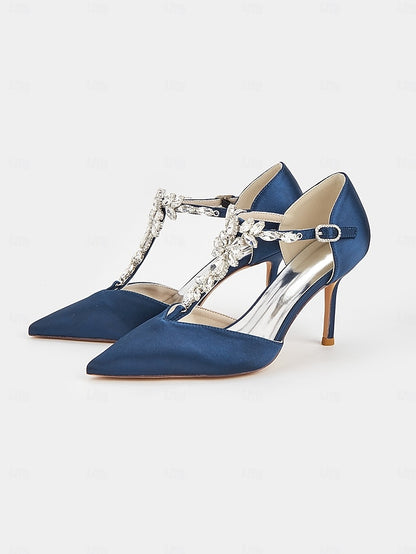 Pointed Women's Satin Blue – Navy Toe Heels T-Strap