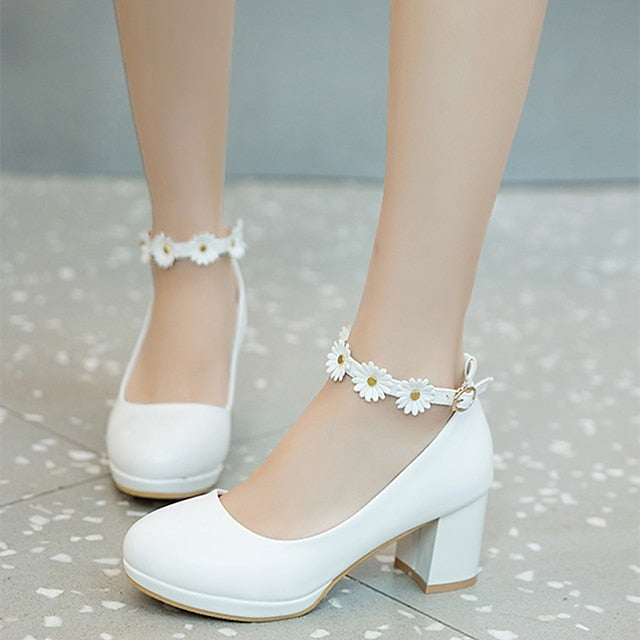 Shoes with Flower Block Ankle White Girls' Daisy Heel