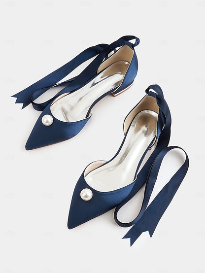 - Navy Pearl Satin Pointed Flats Embellished Toe Women's
