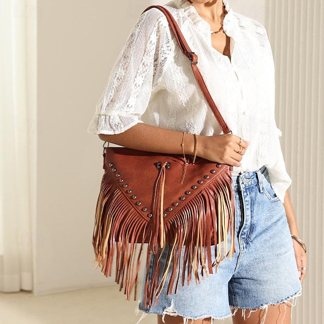 Crossbody Fringe Style Bohemian Bag with Leather Women's