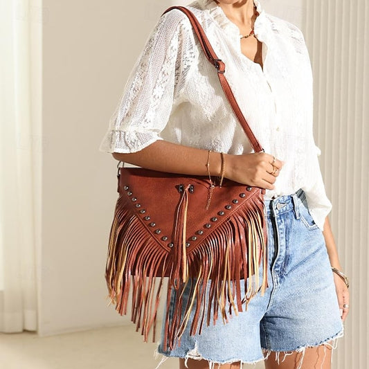 Crossbody Fringe Style Bohemian Bag with Leather Women's