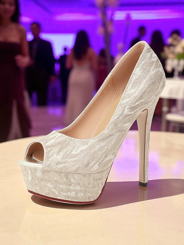 Subtle Women's Silver Heels with Platform Peep-Toe Pattern