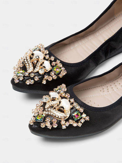 Women's Black Flats Rhinestone with Ballet Foldable