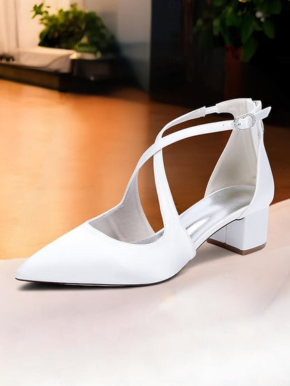 Ivory Women's Pointed Heels Satin Block Elegant Toe -