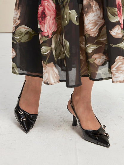 Heels Black with Pointed Women's Elegant Toe Slingback