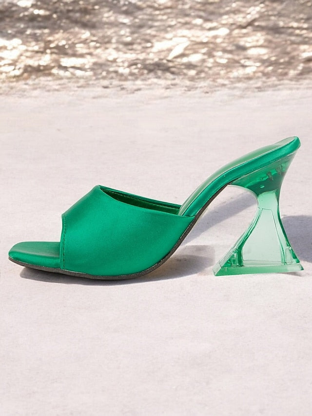 Open-Toe Heels Block with Mules Green Satin for Transparent