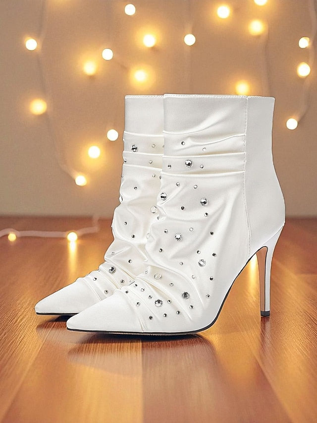 Satin White Women's Ankle with Boots Rhinestone