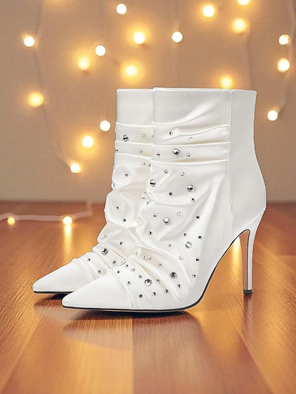 Satin White Women's Ankle with Boots Rhinestone