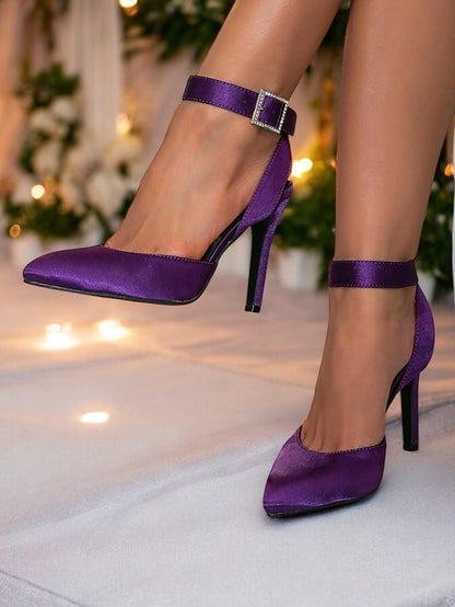 Women's Ankle Heels Pointed Strap Purple – Satin Toe