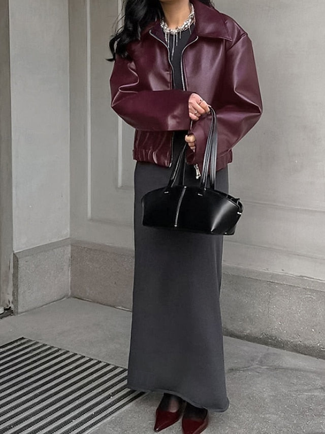 Warm Jacket Zipper Women's Comfortable Faux Pocket Leather