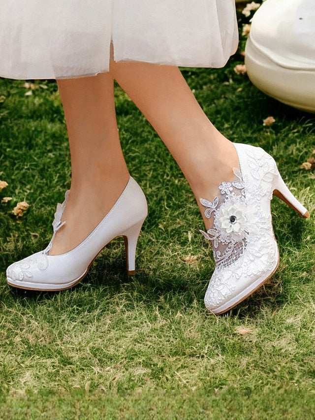 Lace Floral White – with Heel Bridal High Shoes Embellishments