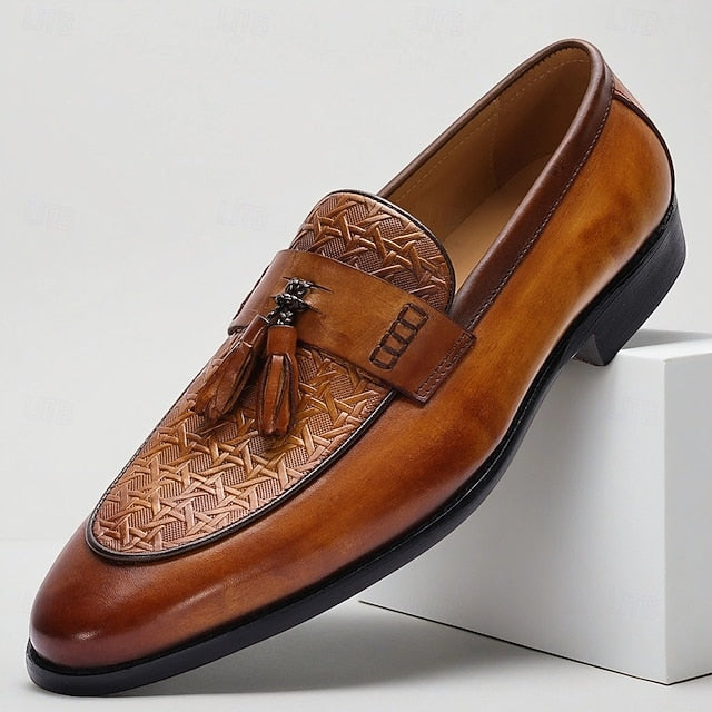 Loafers Tan Leather – Slip-On Tassel Men's Vintage