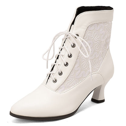 Panels Lace-Up Boots Ankle Women's White with Embroidered