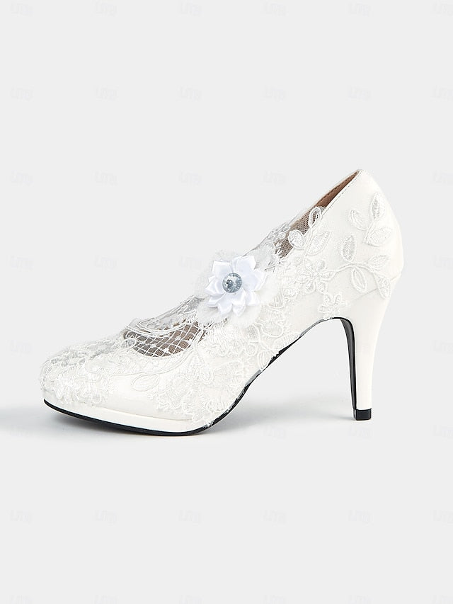 Lace Bridal White with Heel High – Floral Embellishments Shoes