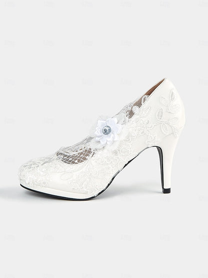 Lace Bridal White with Heel High – Floral Embellishments Shoes